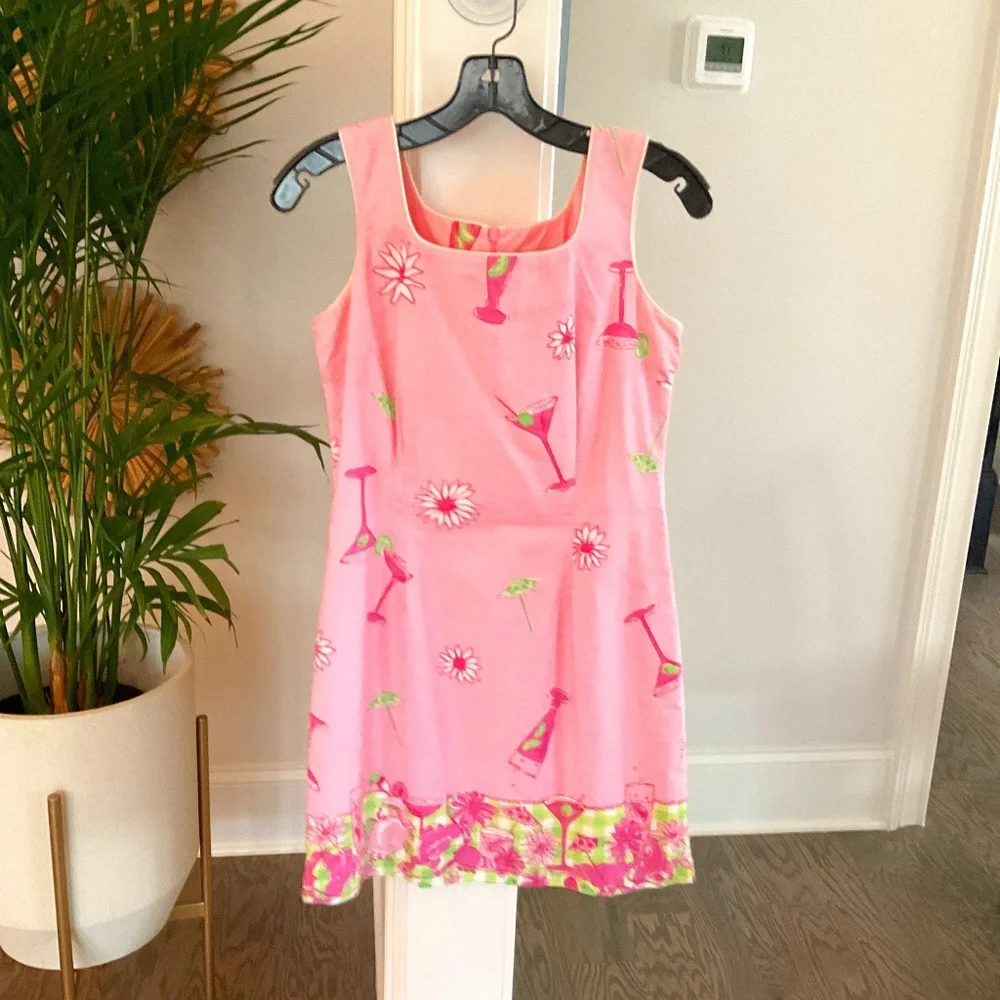 Lilly Pulitzer Pink Sleeveless Dress with Floral and Cocktail Print - Picture 1 of 12
